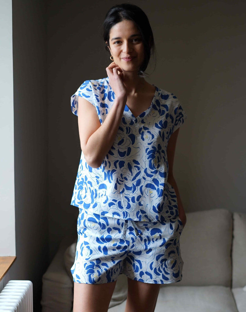 Nêge Paris - pyjamas Top Short Archipel blue and white tencel lyocell OEKO-TEX certified 